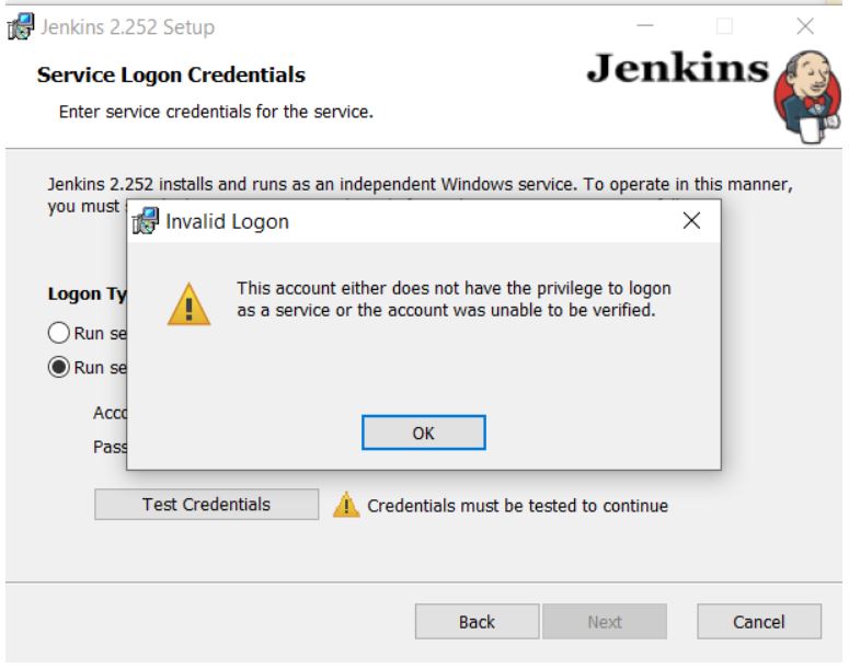 Invalid Service Logon Credentials